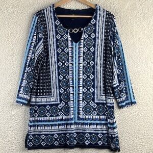 NWT JM Collection Womens Blue Geometric Print 3/4 Sleeve Tunic Top PLUS 0X